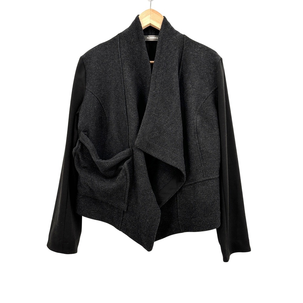 Alembika Womens Gray Black Wool Blend Asymmetrical Drape Front Jacket Size 3